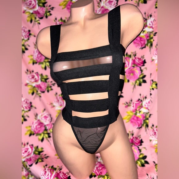 Black mesh sheer caged bandage bodysuit festival goth romper sexy one pc fetish